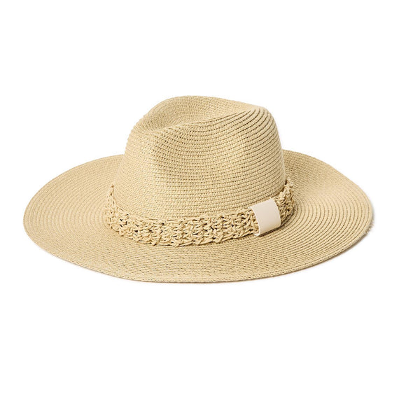 Top Off Raffia Grass Straight Brim Hat with Braided Hat Band and Vegan Leather Keeper