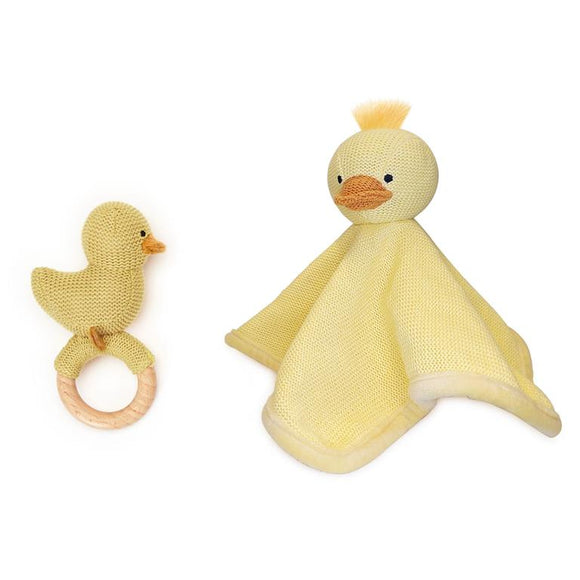 Duckie Knitted Snuggle and Rattle Set in Gift Box