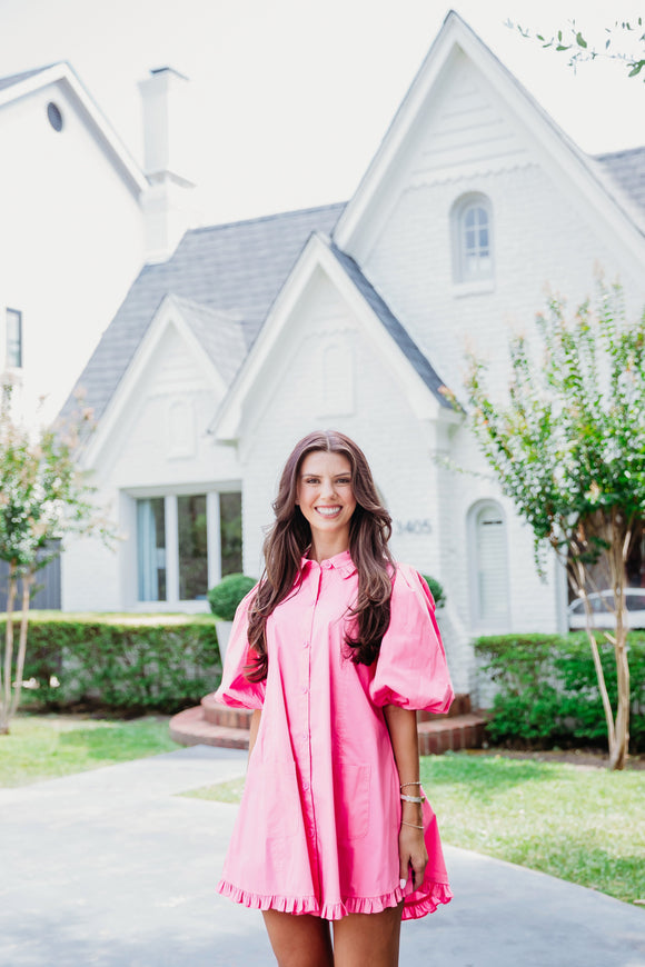 Pink Solid Puff Sleeve Ruffle Pocket Dress