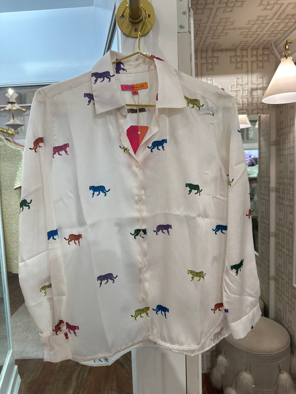 White Blouse with Multicolored Leopards