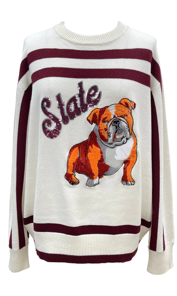 Maroon & White MS State Bulldog Striped Long Sleeve Sweater Top