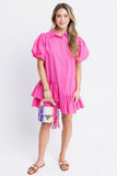 Pink Solid Puff Sleeve Ruffle Pocket Dress