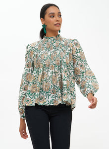 Green Hedera Long Sleeve Pintuck Blouse