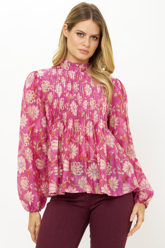 Presidio Magenta Long Sleeve Pintuck Blouse