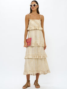 Samoa Tan Gold Tie Strap Ruffle Midi