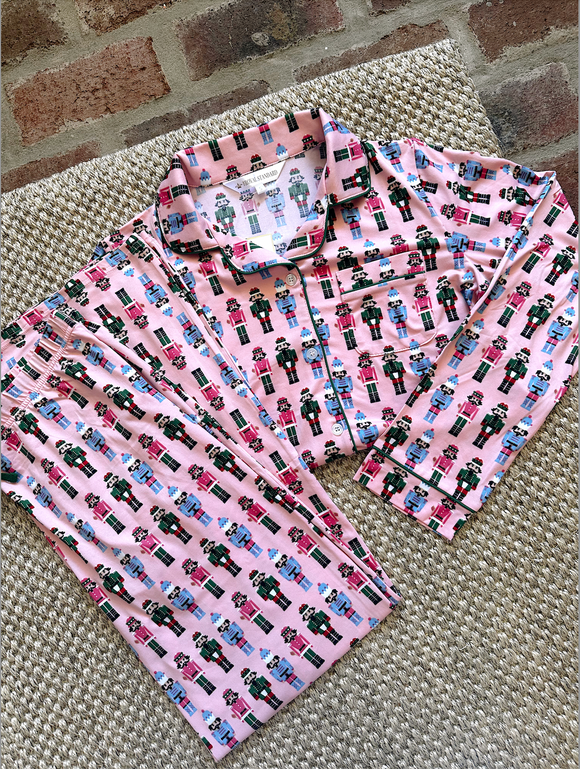 Nutcracker March Long Sleeve Button Up Sleep Shirt Light Pink/Mult