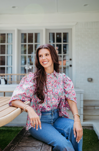 Paris Floral Pleat Vintage Ruffle Collar Top