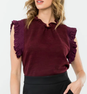 Ruffle Sleeve Rib Knit Top in Burgandy