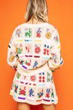 Beige Multi Mahjong Tile Button Up Cardigan