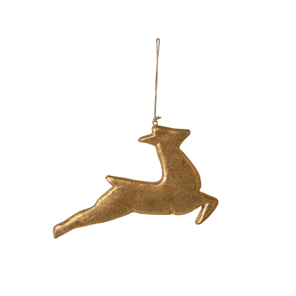 Hand-Painted Paper Mache deer Ornament, Gold Finish