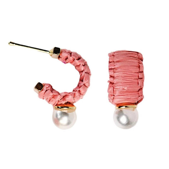 Mini Pink Raffia and Pearl Huggie Hoop Earrings